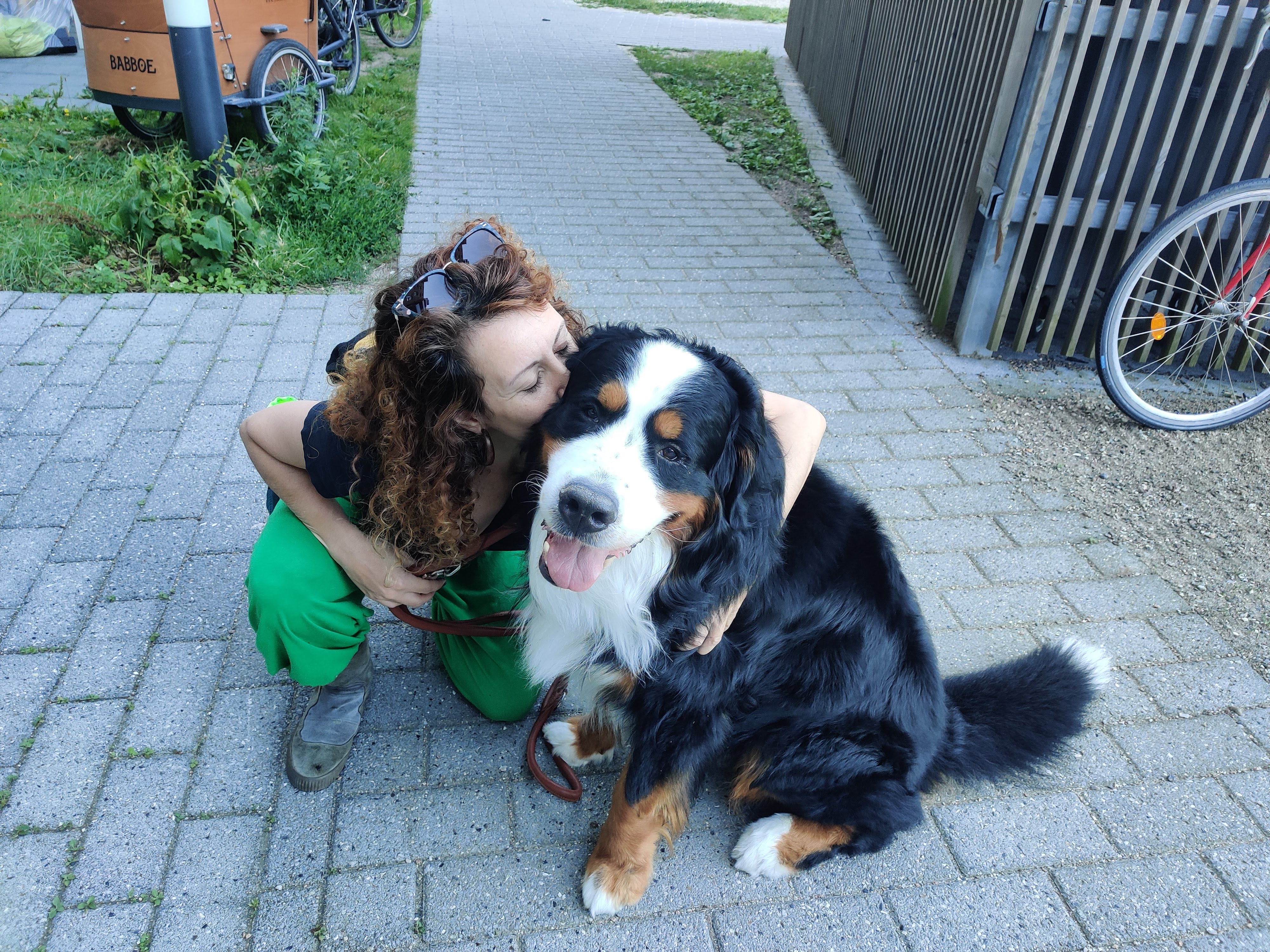 Caretaker giving a kiss to Balder the dog